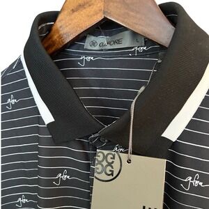 G Fore Mens Golf Polo Shirt Black White Stripe Signature Logo Print Size L NWT